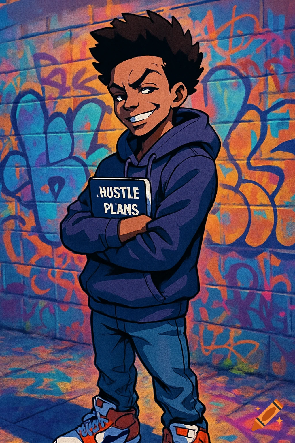 A confident, young Black male cartoon character in a hoodie holds a book labeled "Hustle Plans" against a graffiti wall.