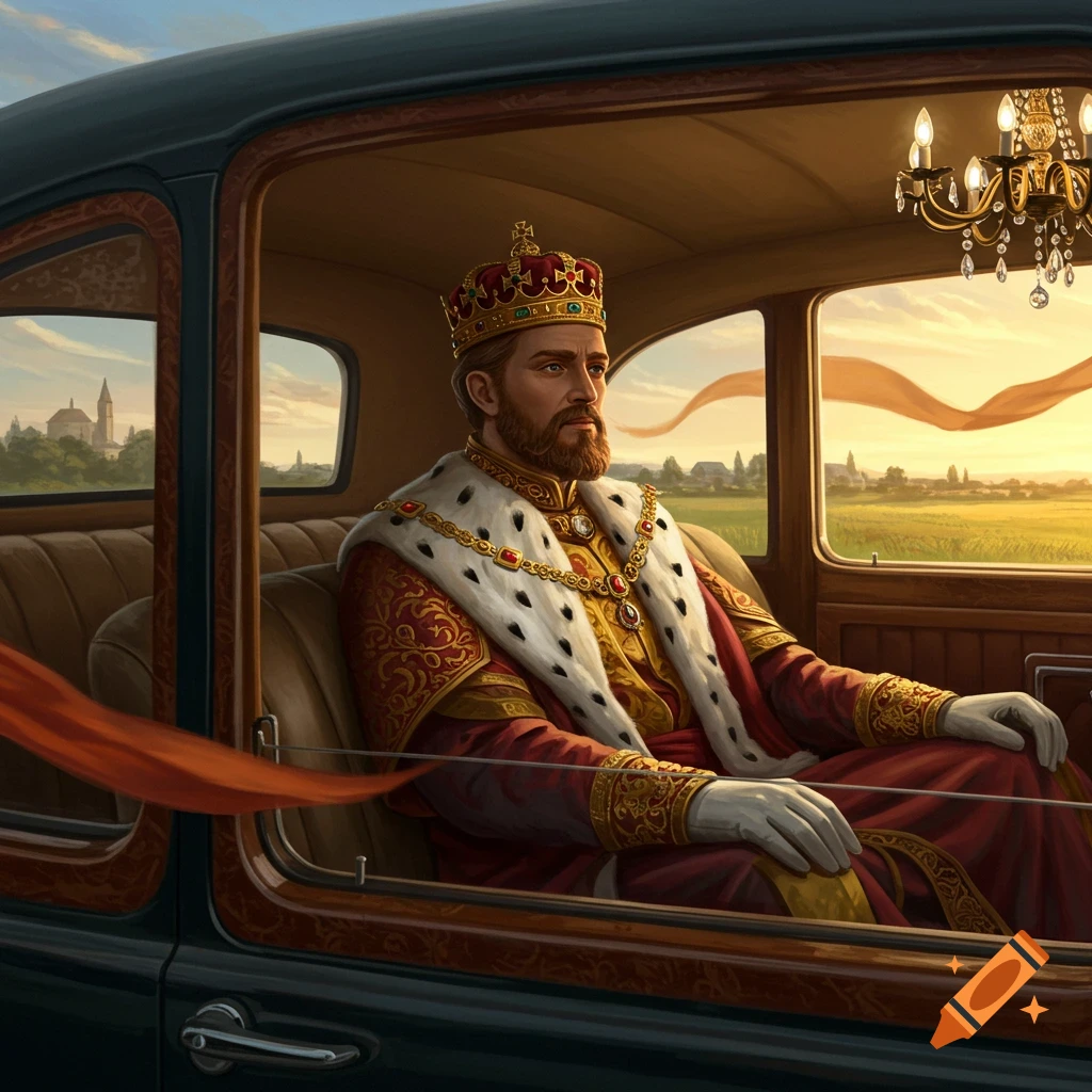 A king with a beard and crown, wearing a fur-trimmed robe, sits in a luxurious classic car, gazing at a golden field.