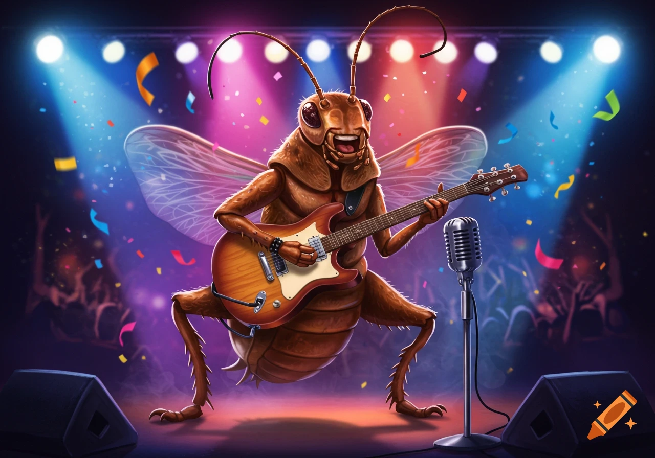 A cheerful brown cricket plays an electric guitar on a stage with a microphone, confetti, and bright spotlights.