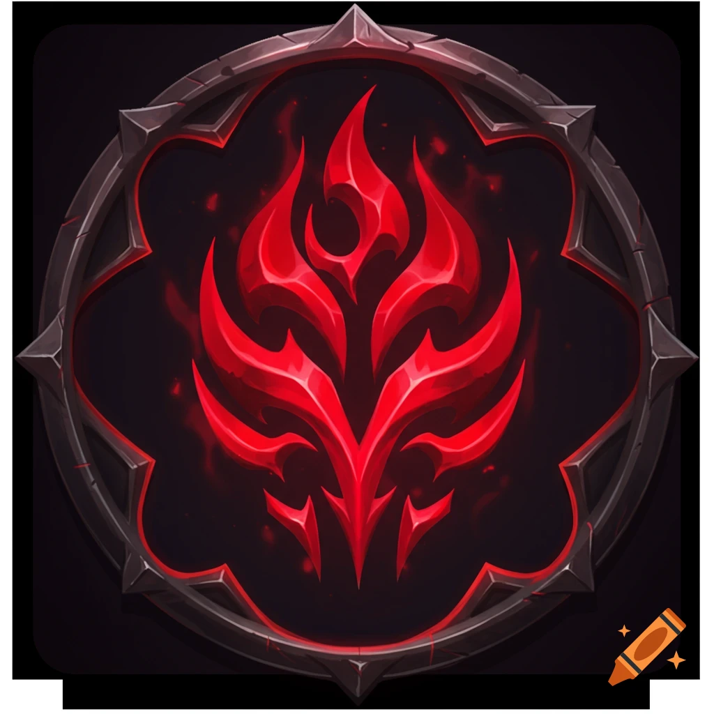 A game icon featuring a glowing red, abstract, flame-like symbol within a dark, spiky metallic frame.