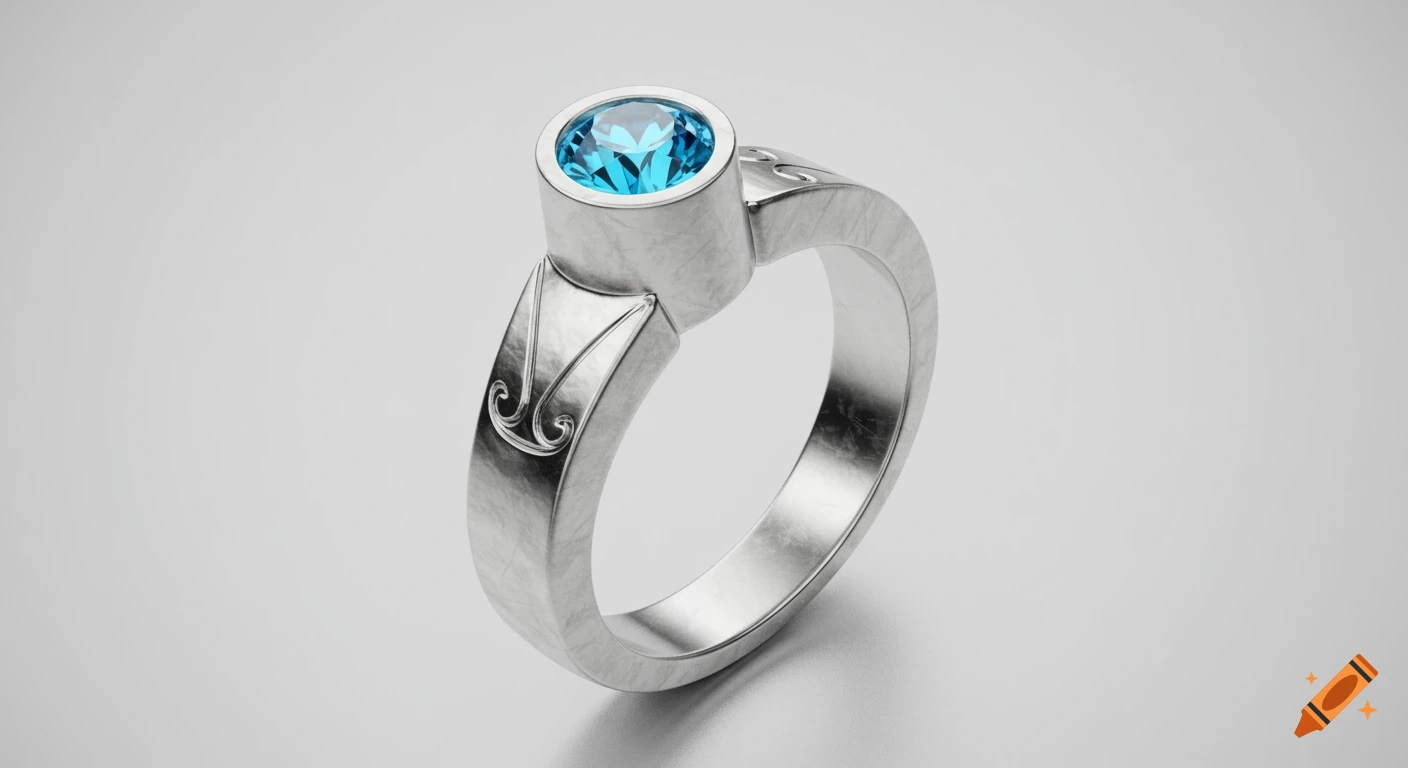 A realistic silver ring with carved details and a round, brilliant blue gemstone.
