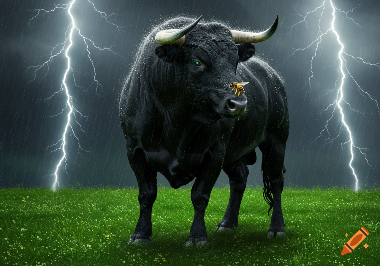 A powerful black bull with green eyes stands in a rainy, grassy field with a bee on its nose, as lightning strikes in the stormy sky.
