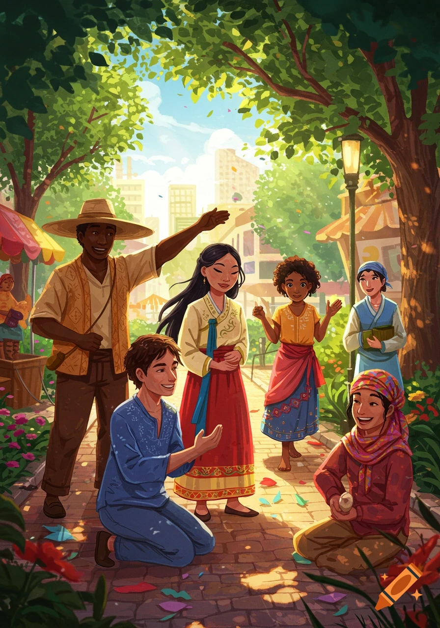 An illustration of a diverse group of people in traditional attire gathered in a sunny, tree-lined park.
