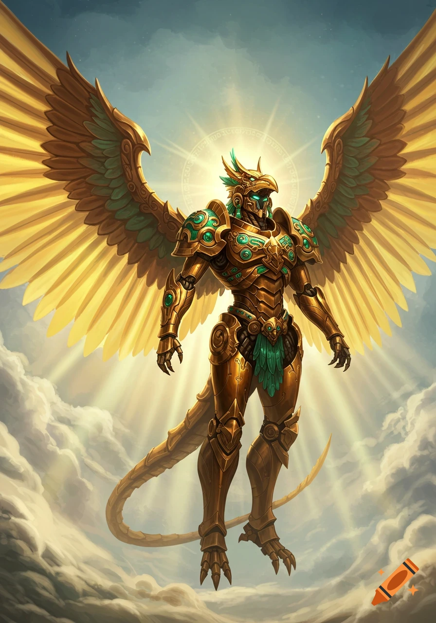 A majestic golden robot with large wings and Aztec-style armor floats among clouds, bathed in divine light.