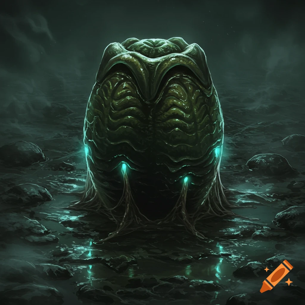 A large, ridged, dark green alien egg with glowing blue accents in a murky, swamp-like alien landscape.