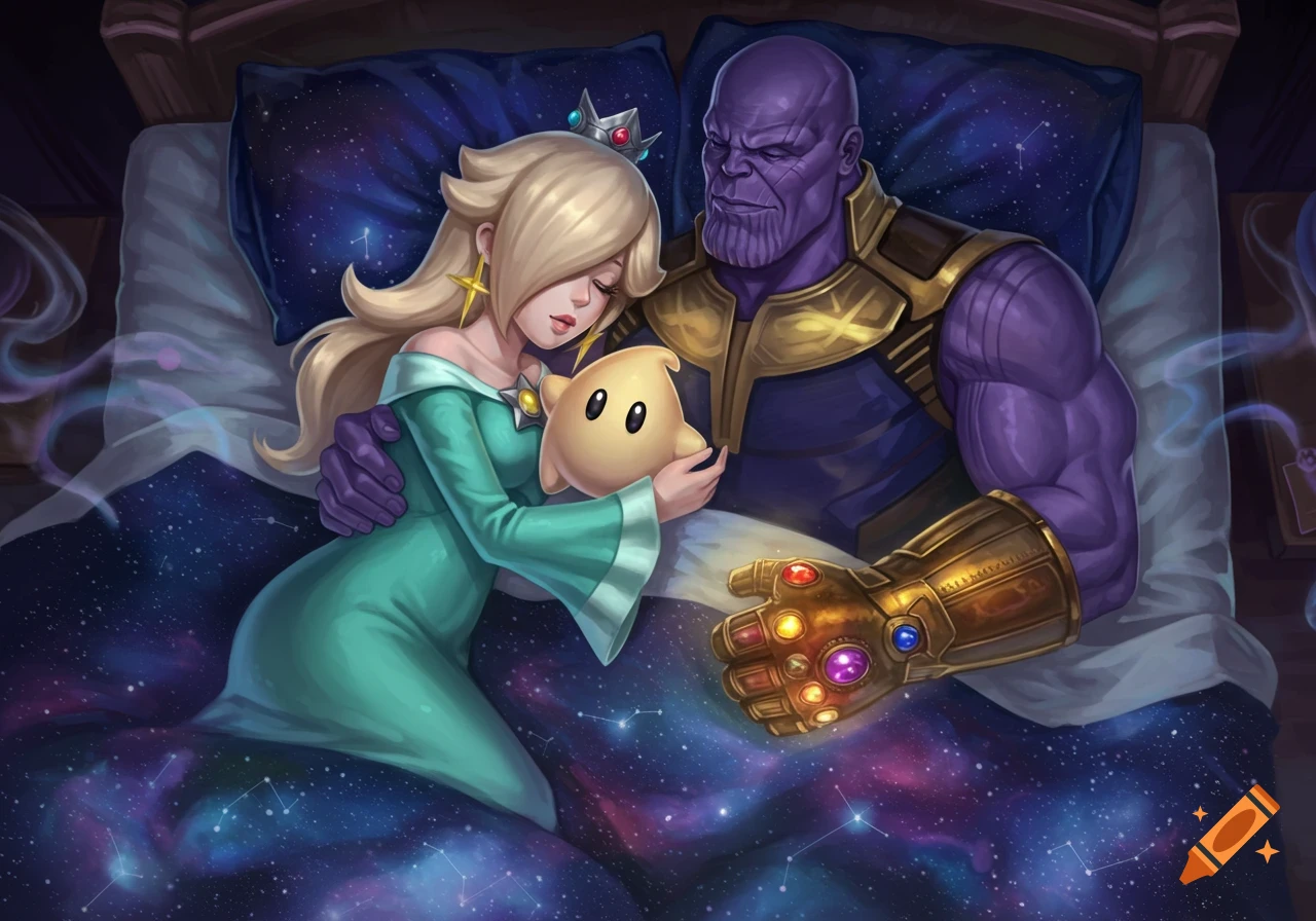 Princess Rosalina from Mario Galaxy cuddling with Marvel's Thanos in a cosmic-themed bed, holding a Luma star.