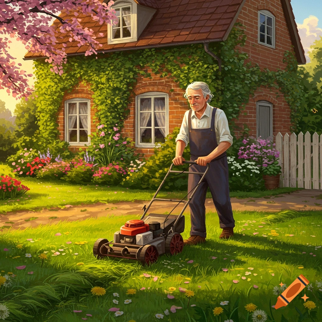 An old man in overalls mows a sunny green lawn in front of a vine-covered brick house with a blooming garden, in an illustrative style.