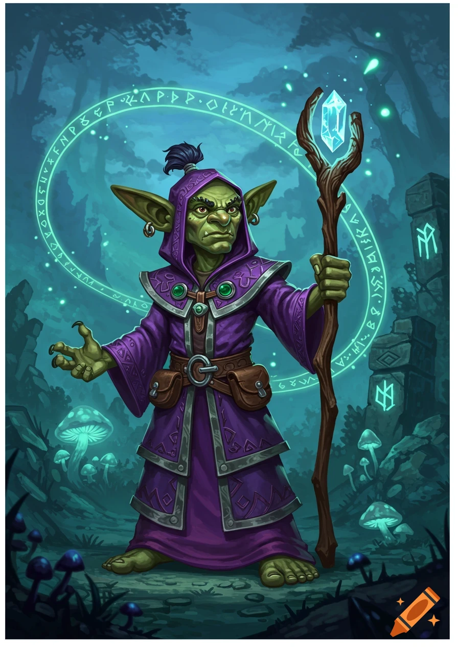 A stylized goblin mage in a purple robe holds a glowing crystal staff in a magical forest with glowing runes.