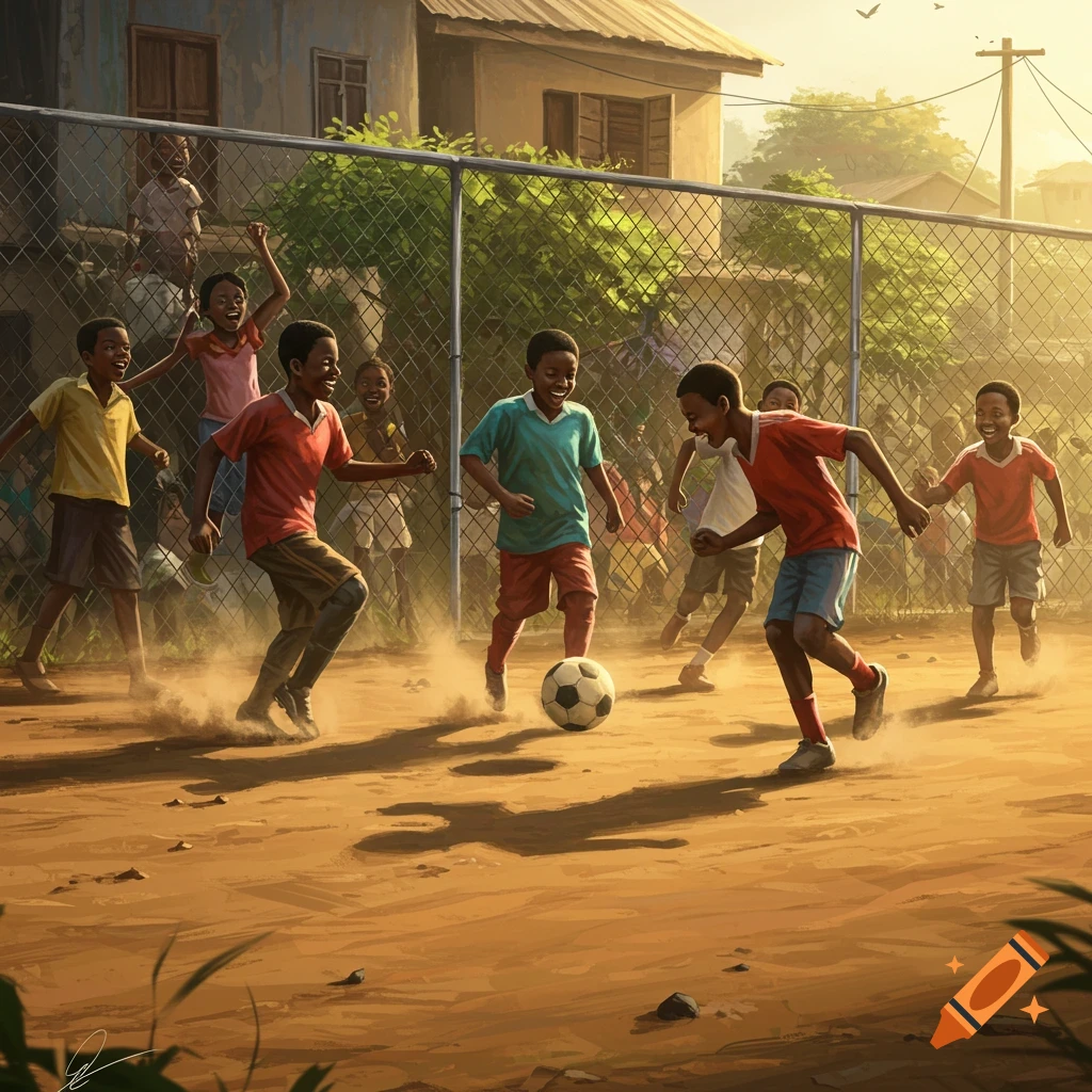 Young African boys joyfully playing soccer on a dusty field with a fence and houses in the background, rendered in a painterly style.