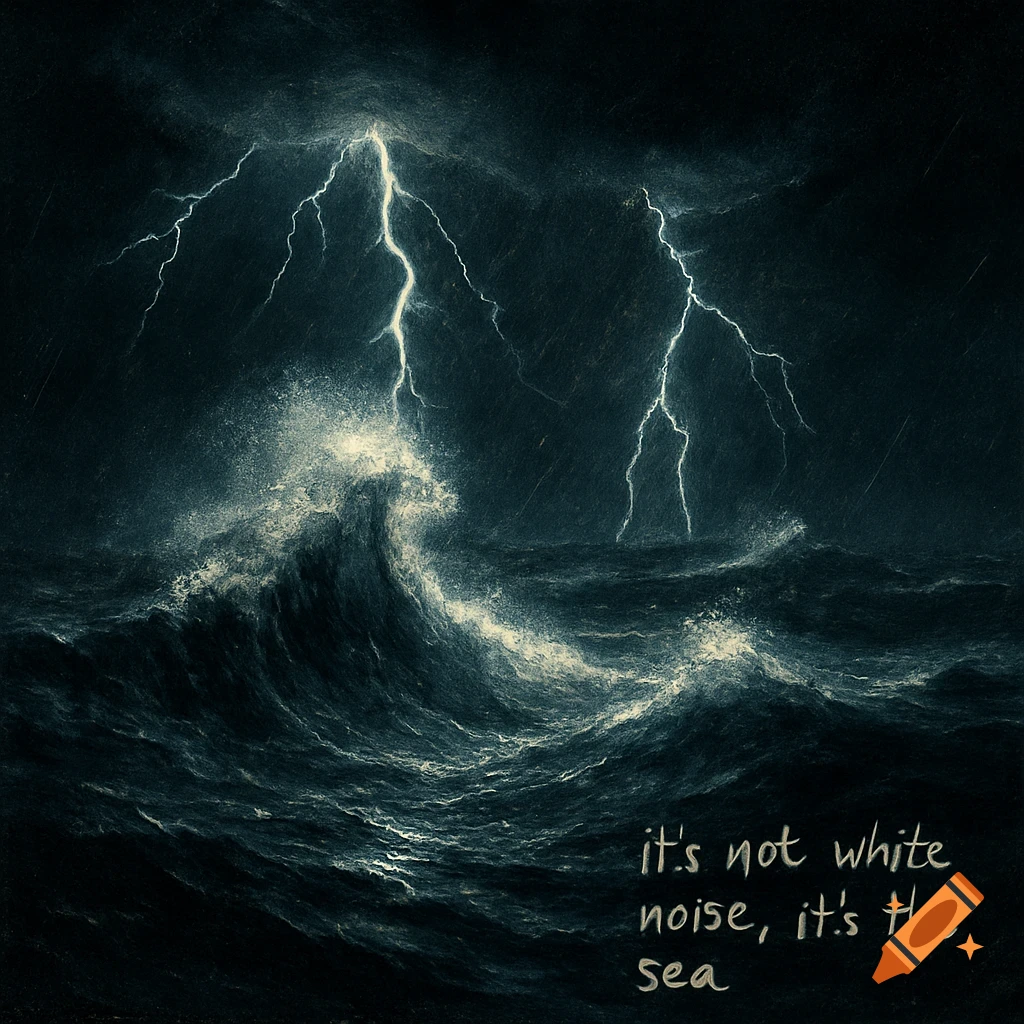 A dramatic illustration of a stormy sea at night with huge crashing waves, lightning, and text: 'it's not white noise, it's the sea'.