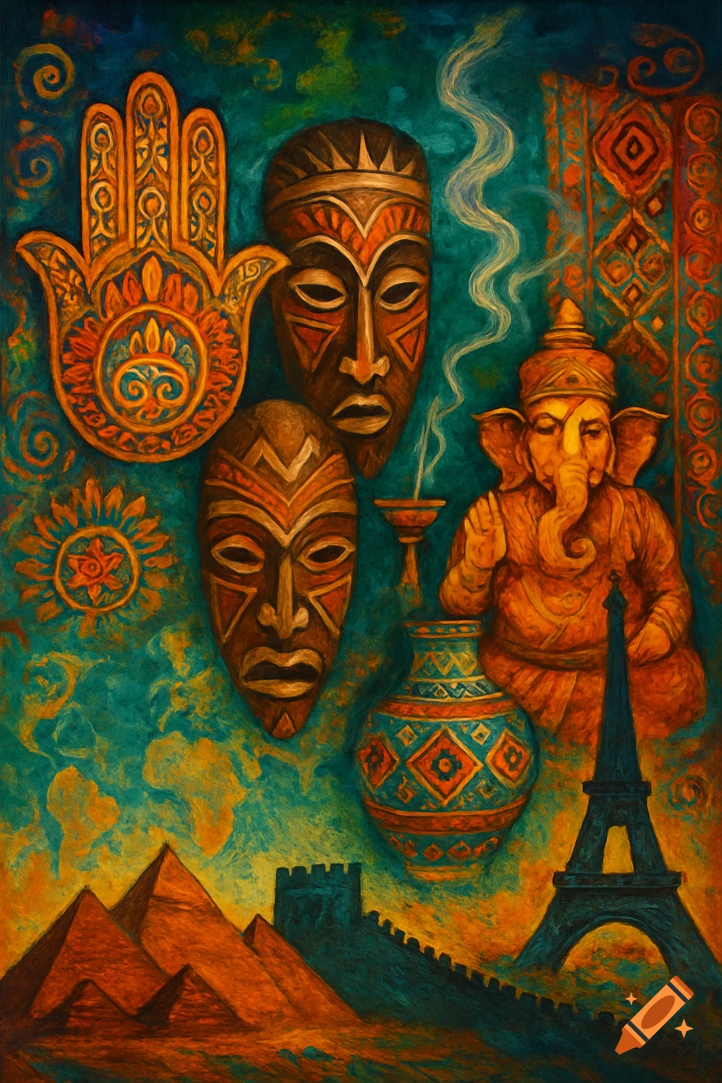 Vibrant textured painting of global cultural symbols: African masks, Hamsa, Ganesha, pyramids, Great Wall, and Eiffel Tower.