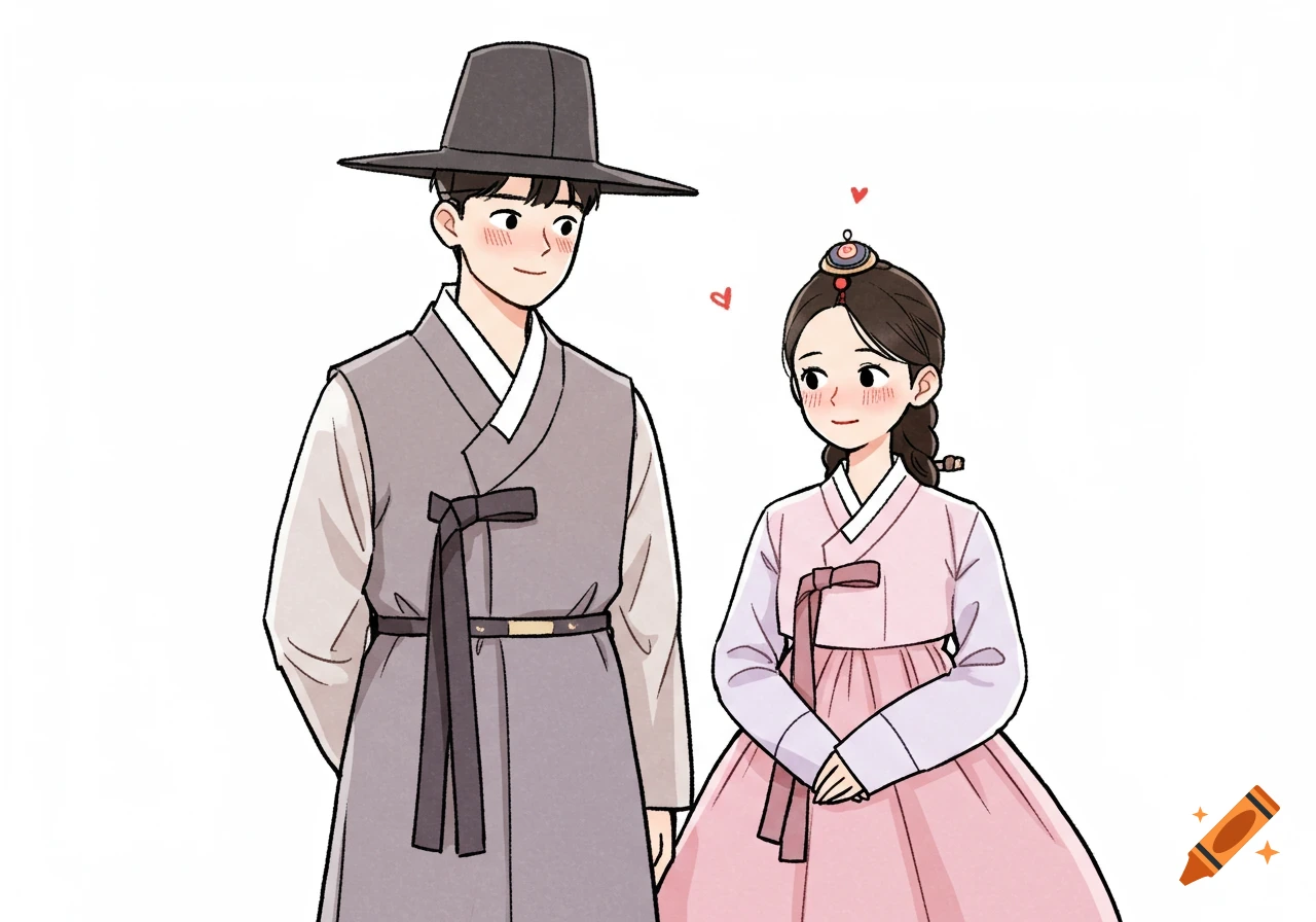 A blushing young Korean couple in traditional Hanbok clothing, depicted in a soft comic book style illustration.