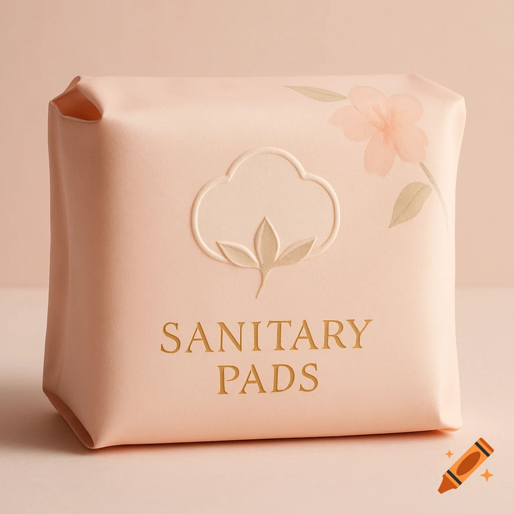 A peach-colored package of sanitary pads with an embossed cotton flower logo and a subtle floral print.