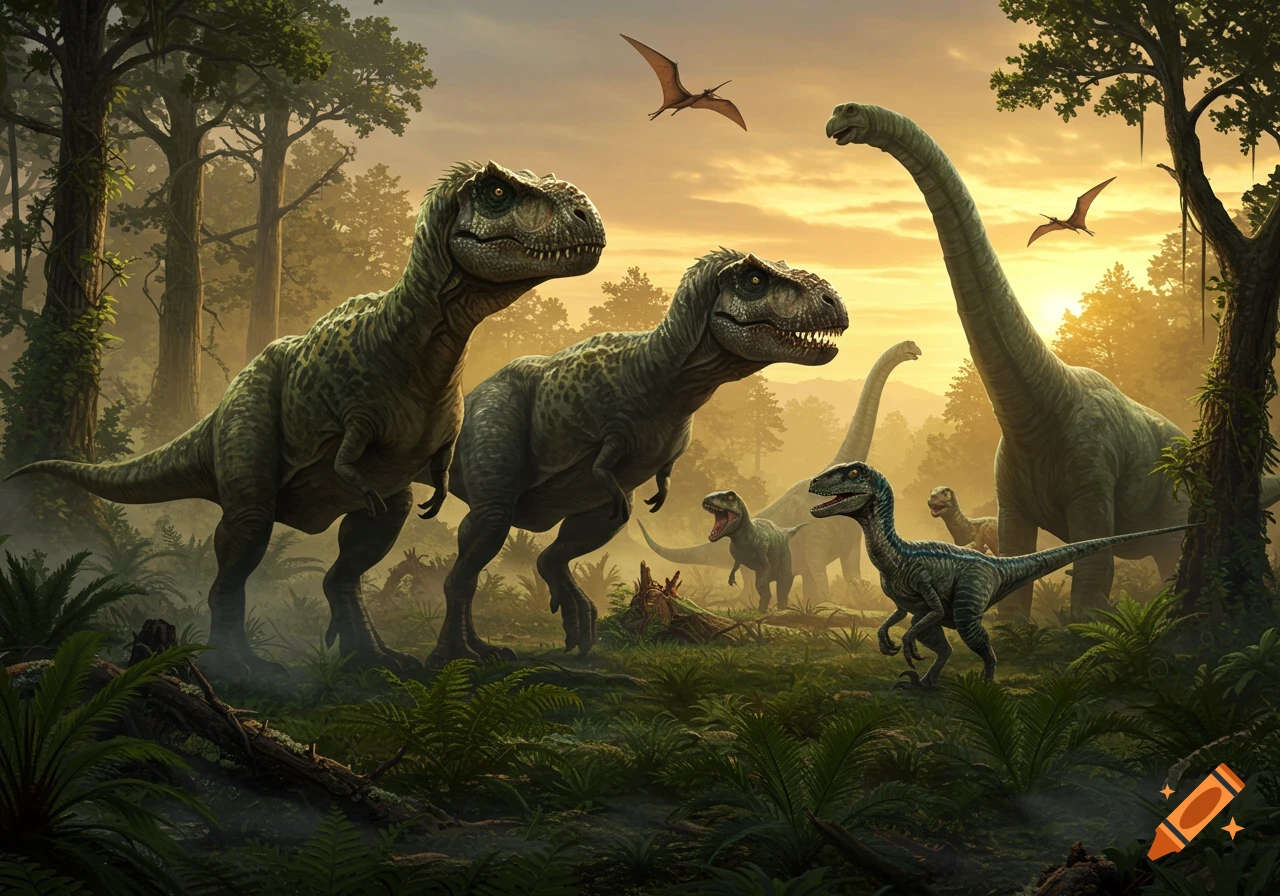 Several dinosaurs, including T-Rex, Brachiosaurus, and raptors, in a dense prehistoric jungle at sunset.