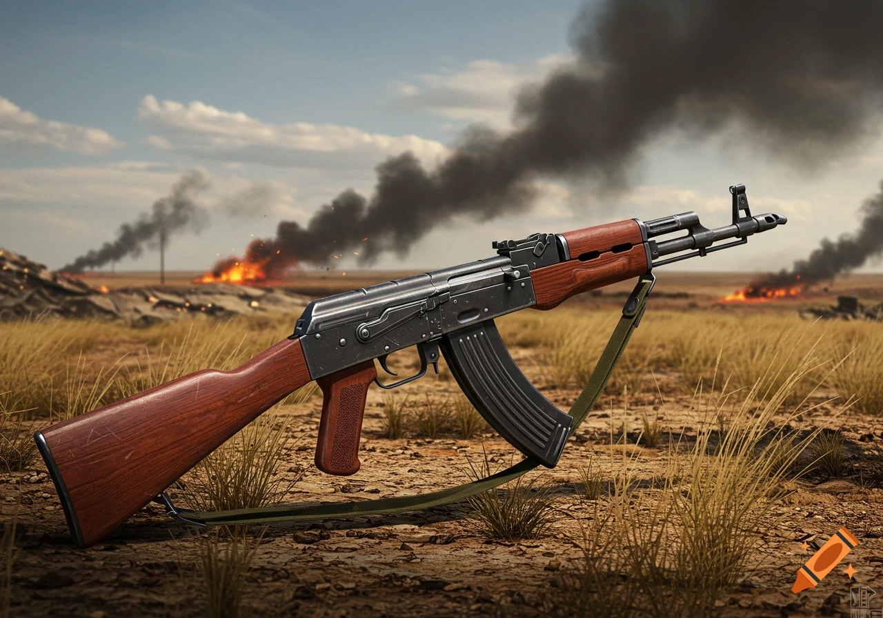 Photorealistic image of an AK-47 rifle resting on dry, grassy ground with multiple fires and smoke plumes in the background under a cloudy sky.