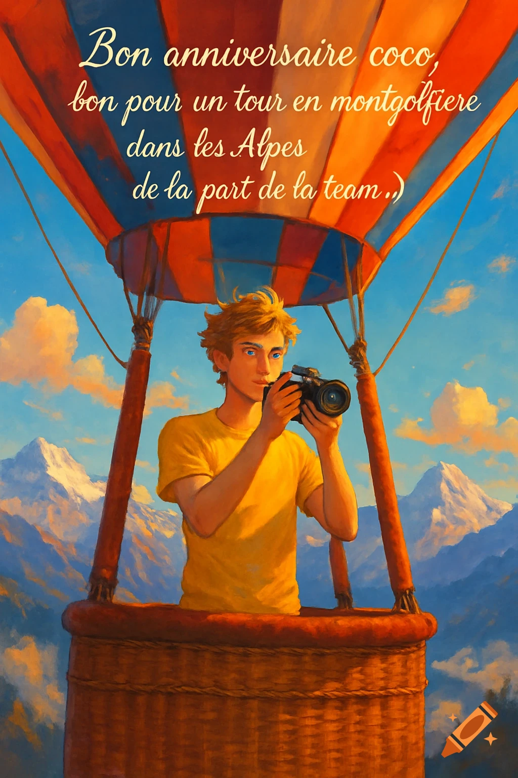 An illustrated birthday greeting card features a man with blond hair and blue eyes in a hot air balloon over snowy mountains, holding a camera.