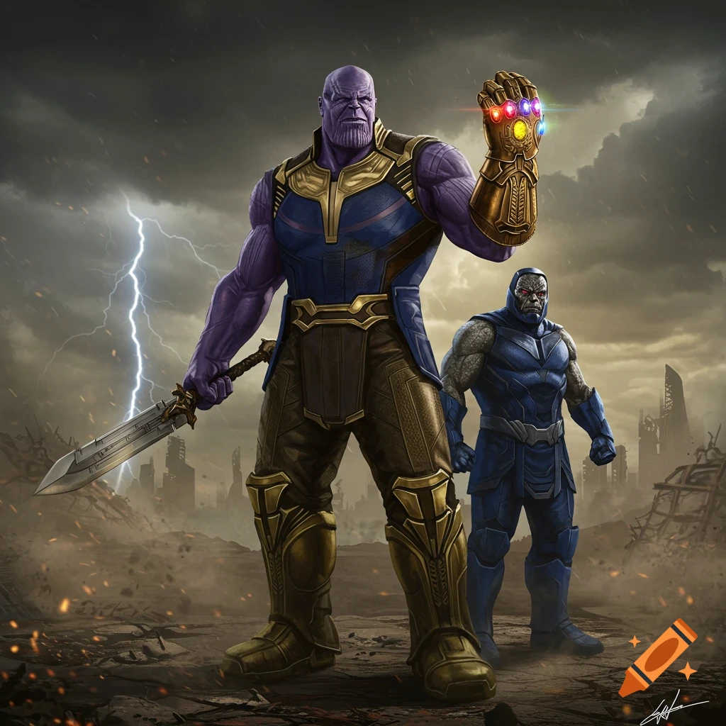 Thanos with a double-bladed sword and Infinity Gauntlet, next to Darkseid, in a stormy, destroyed landscape.
