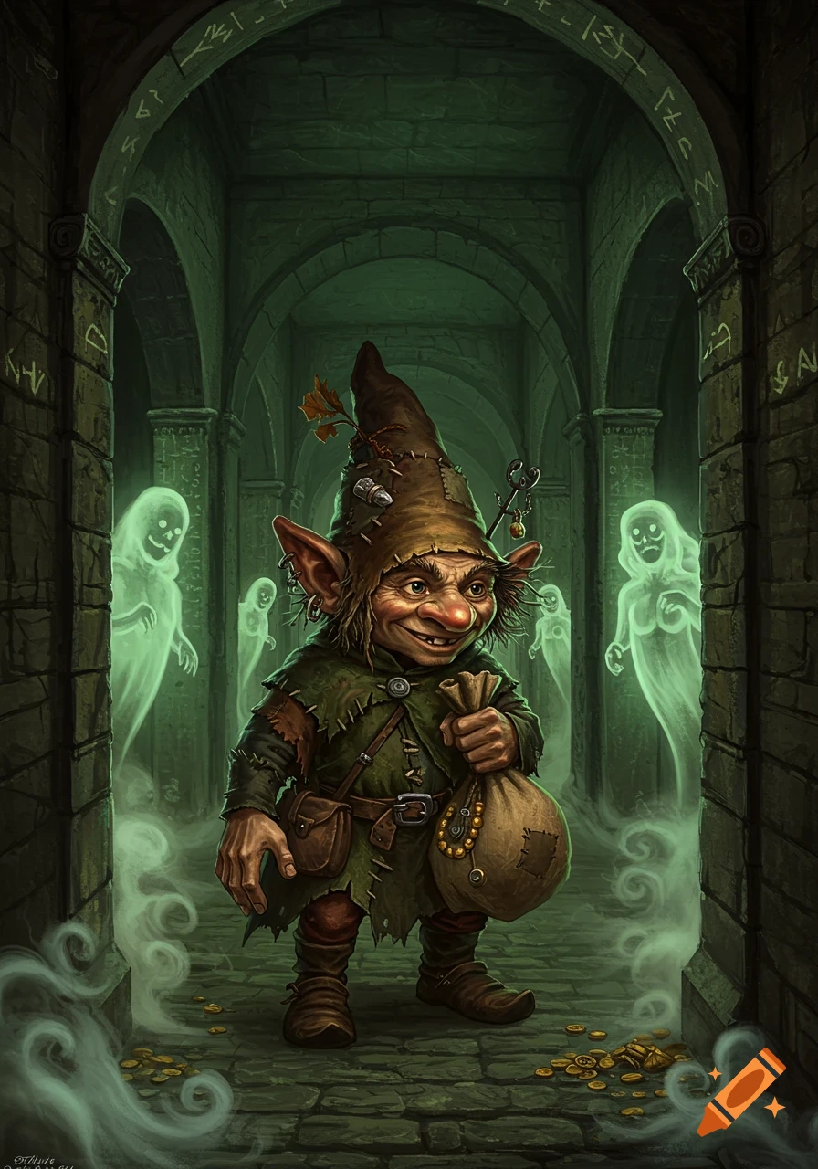 Fantasy art of a mischievous gnome with a bag of gold, surrounded by glowing ghosts in a dark, arched stone labyrinth.