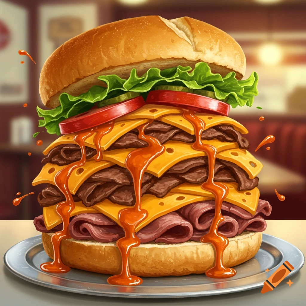 A massive, multi-layered sandwich, overflowing with meat and cheese, dripping with orange sauce on a silver plate in a restaurant.