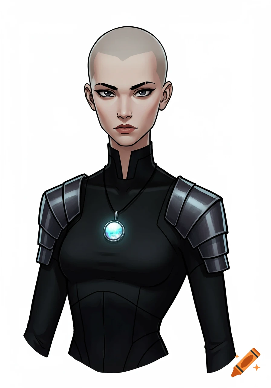 A bald woman in a black sci-fi outfit with metallic shoulder pads and a glowing pendant, in an animated style.