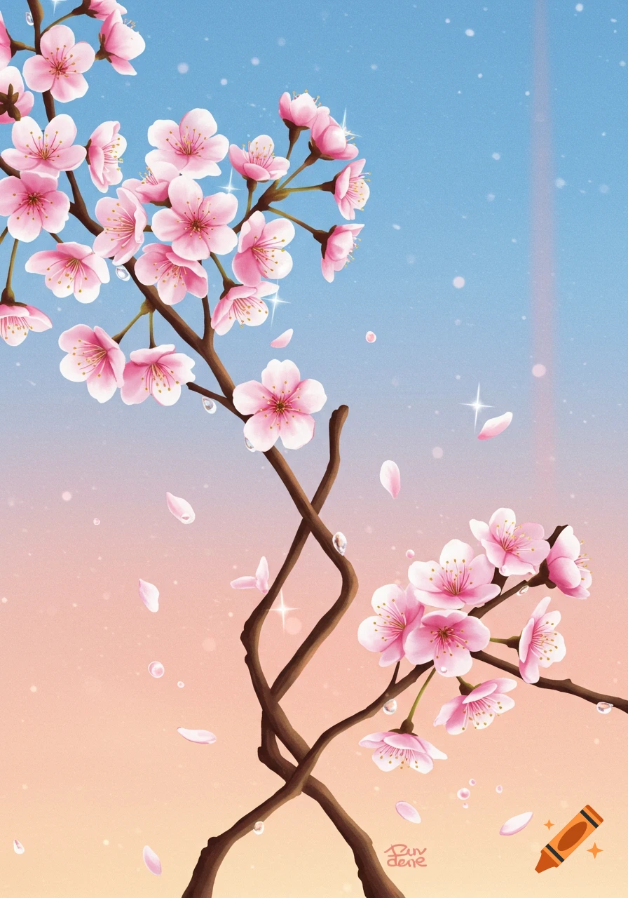 Digital illustration of pink cherry blossoms on branches with falling petals and water droplets against a gradient sky.