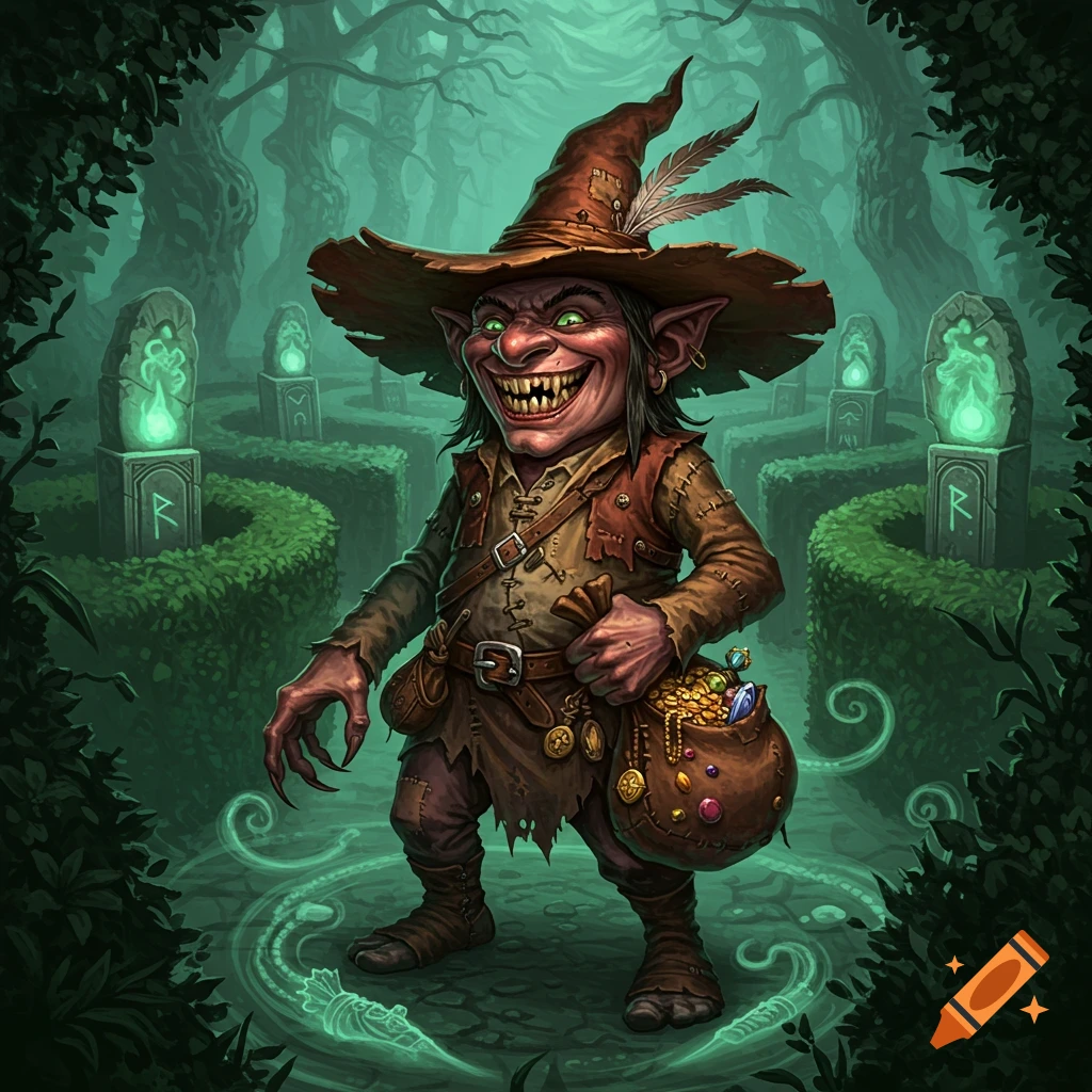 A menacing, green-eyed goblin with a toothy grin, in a ragged hat and clothes, holds gold in an eerie forest labyrinth. Fantasy art.