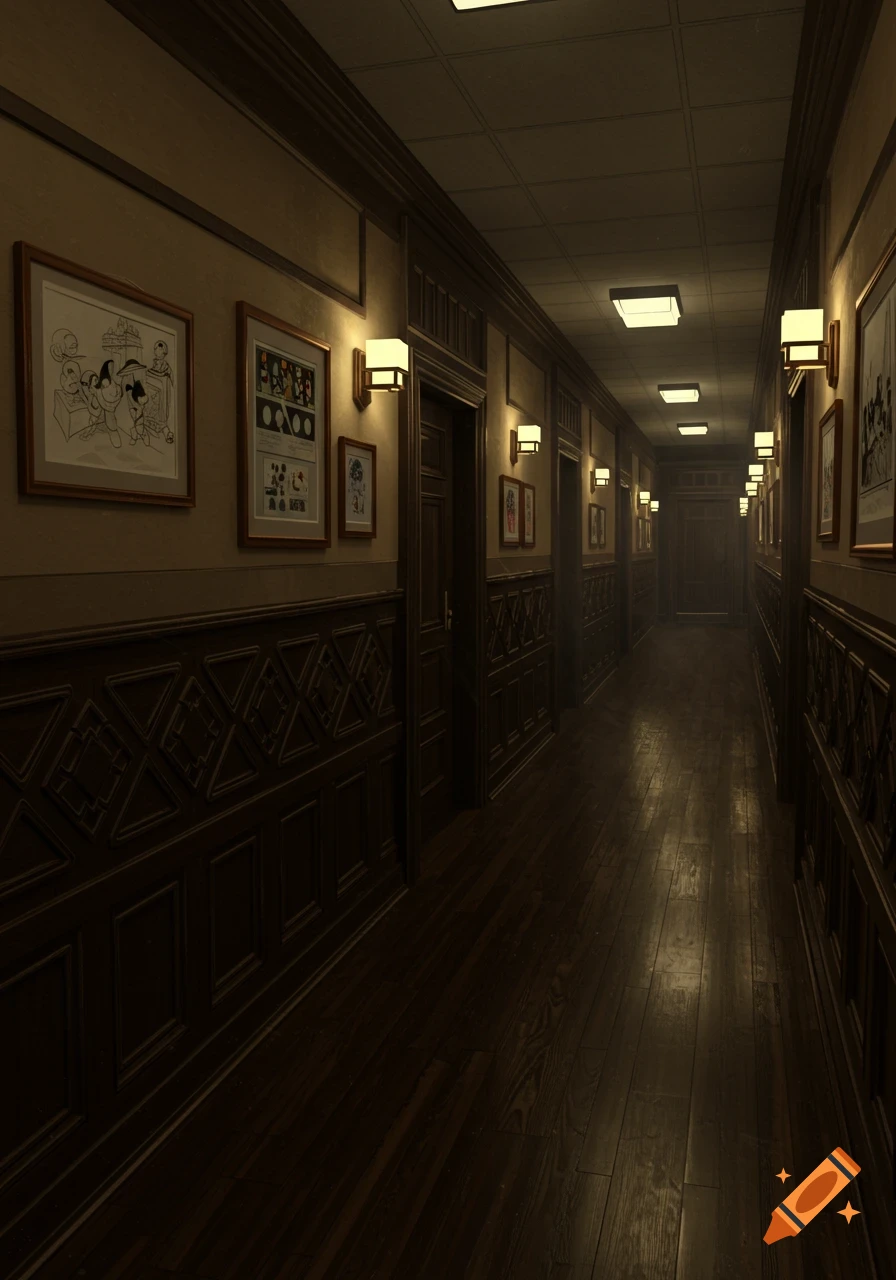 A long, dimly lit hallway with dark wood wainscoting and floors, framed art, and wall sconces leading to a distant door.