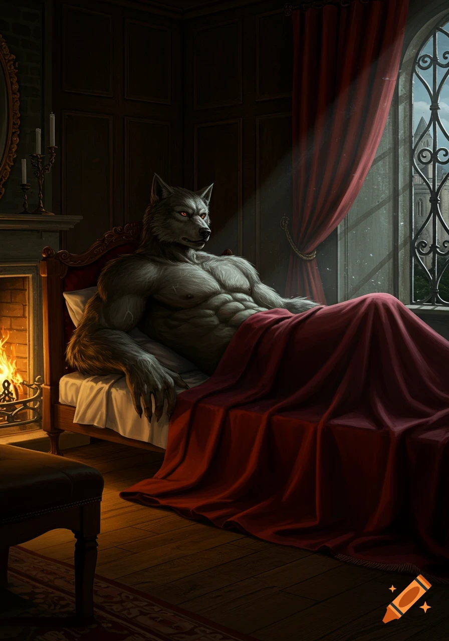 A muscular werewolf with glowing red eyes lounges in a grand bed in a dark, ornate bedroom, by a fireplace and window.