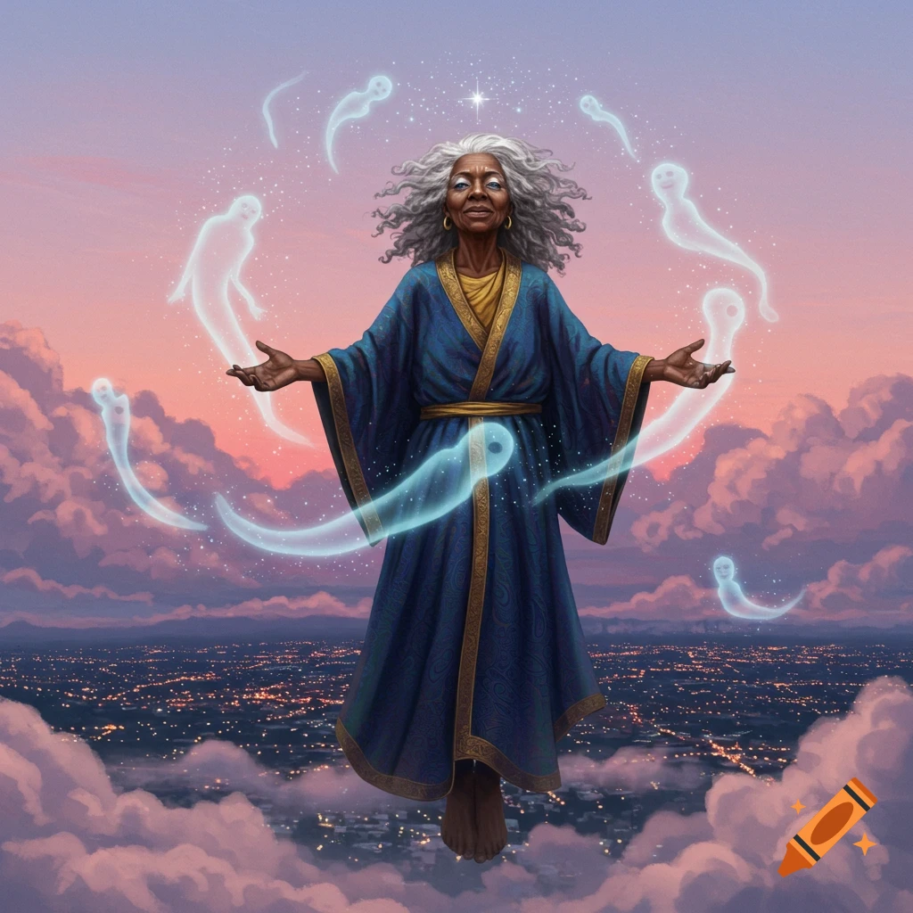 An elderly Black woman with white hair floats above a glowing city at dusk, surrounded by mystical, luminous wisps. Digital painting.