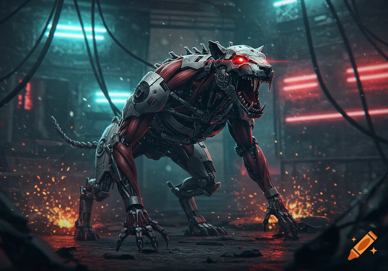 A menacing cybernetic wolf-like creature with red eyes and exposed red muscles, crouching in a dark, industrial setting with neon lights and sparks.