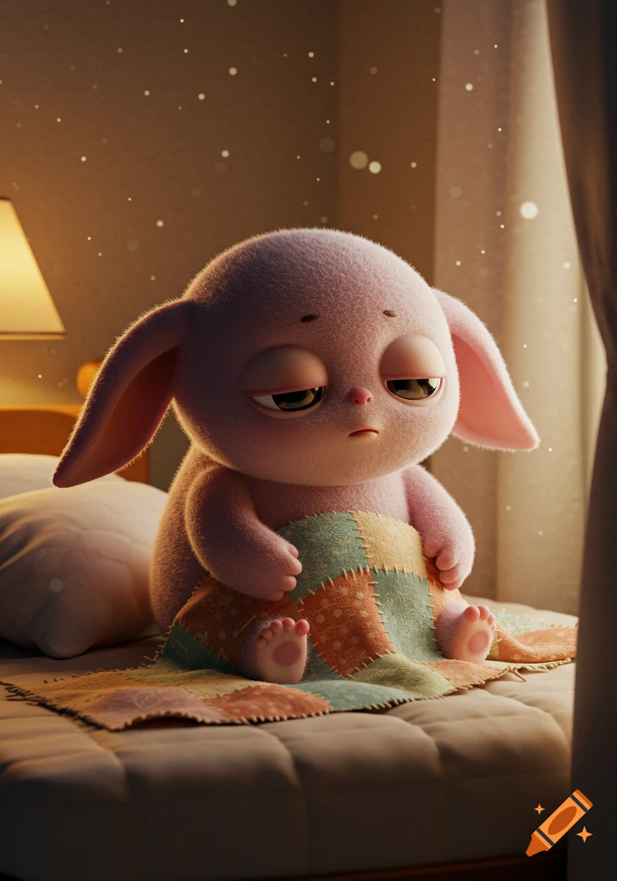 A cute, sleepy pink fuzzy creature with long ears sits on a bed under a patchwork blanket in a warm, dimly lit bedroom, Pixar style.