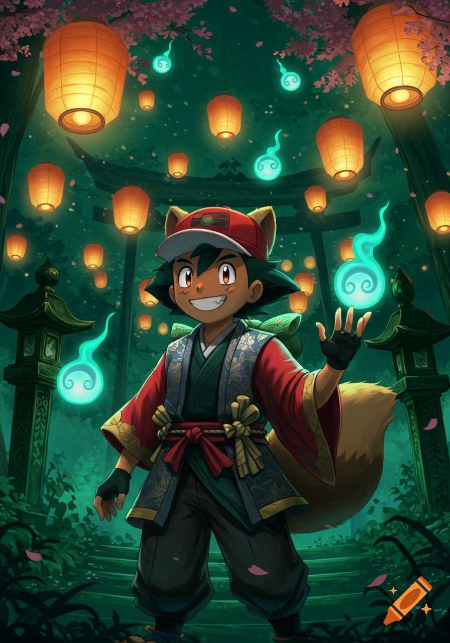 Anime Ash Ketchum as a tanuki yokai smiles, holding a glowing spirit in a magical forest with many lanterns and a torii gate.