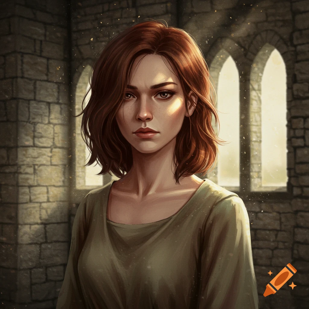 Digital painting of a serious young woman with brown hair, standing in a medieval stone hall with arched windows.
