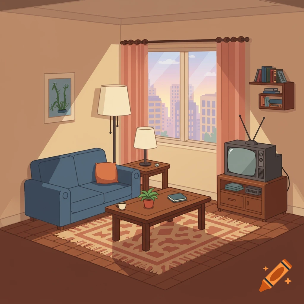 Cartoon illustration of a cozy living room with a blue couch, coffee table, TV, and a window view of a cityscape at sunset.