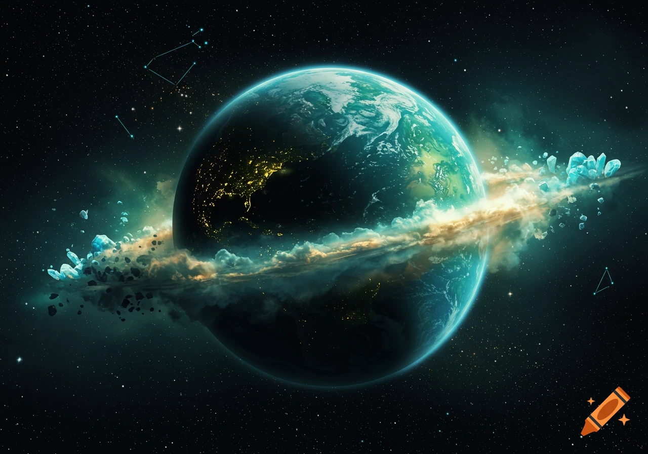 Digital art of a detailed planet with glowing city lights and rings of clouds and crystals in space.