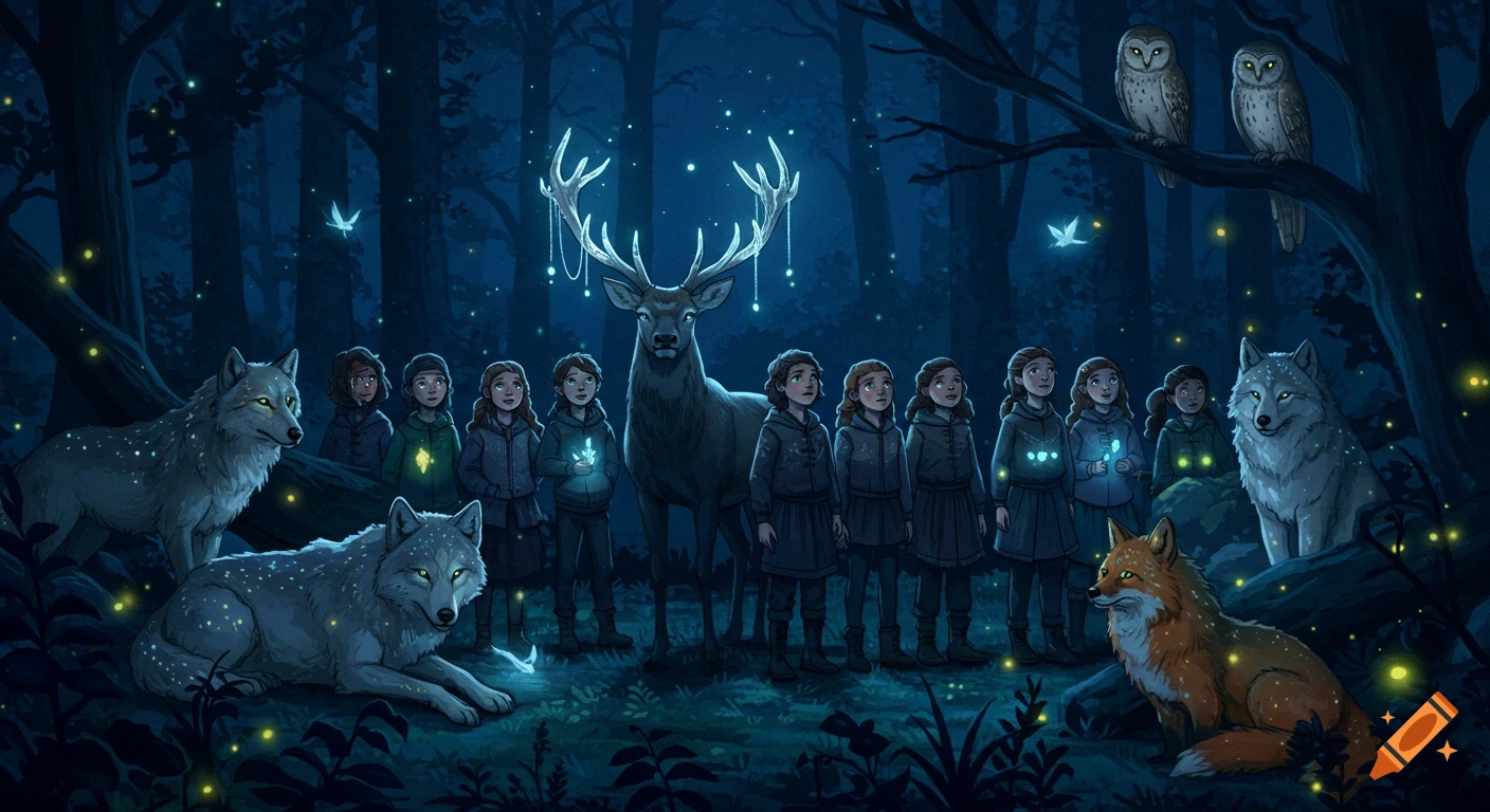 A fantasy illustration of children in a moonlit forest with a glowing-antlered stag, wolves, owls, a fox, and fireflies.