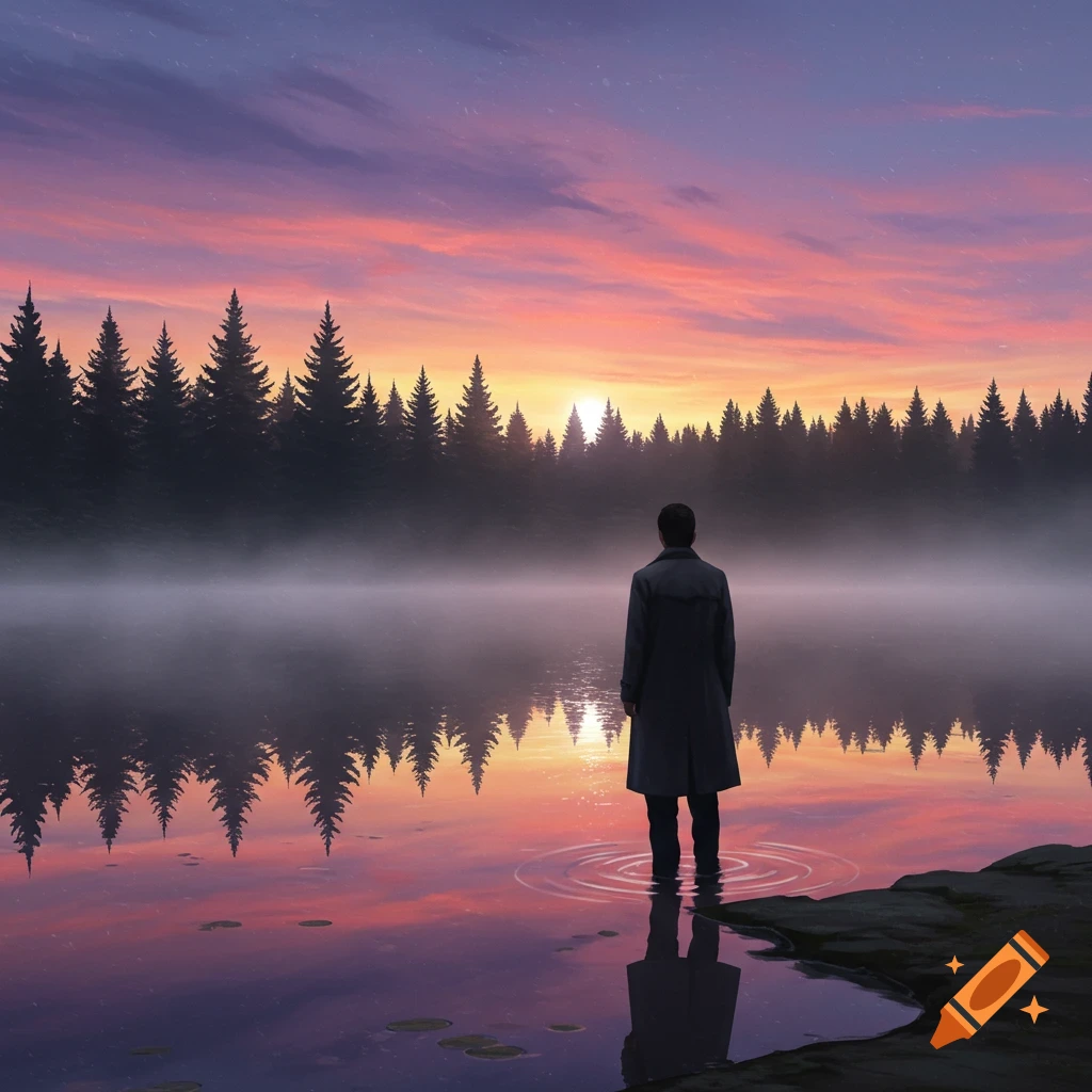 A man stands in a misty lake watching a vibrant sunset over a forest, digital painting.
