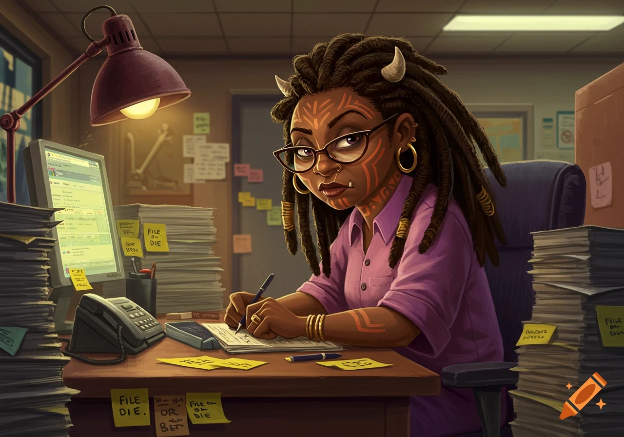 A monster-like woman with dreadlocks, small horns, glasses, and face tattoos works at a cluttered office desk, writing in a book.