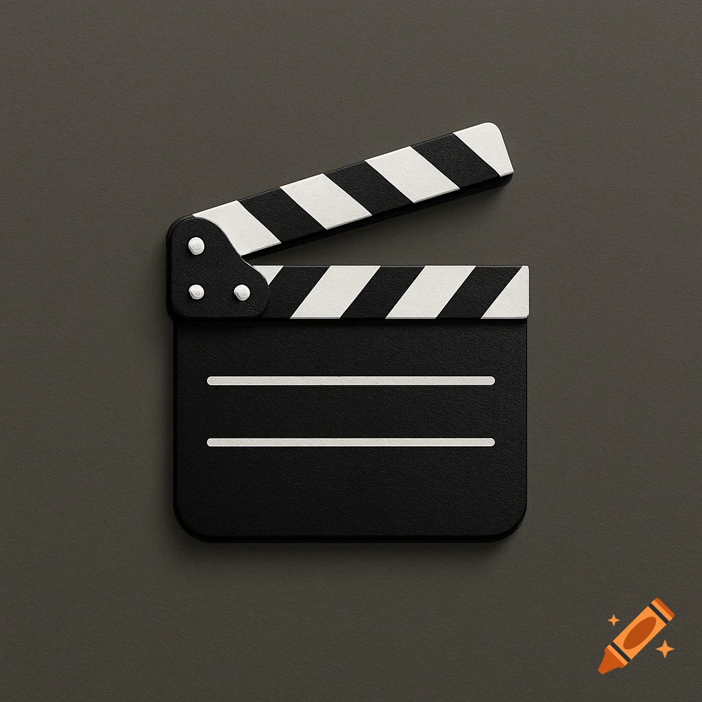A minimalist black and white film clapperboard icon with the top open, against a dark gray background.