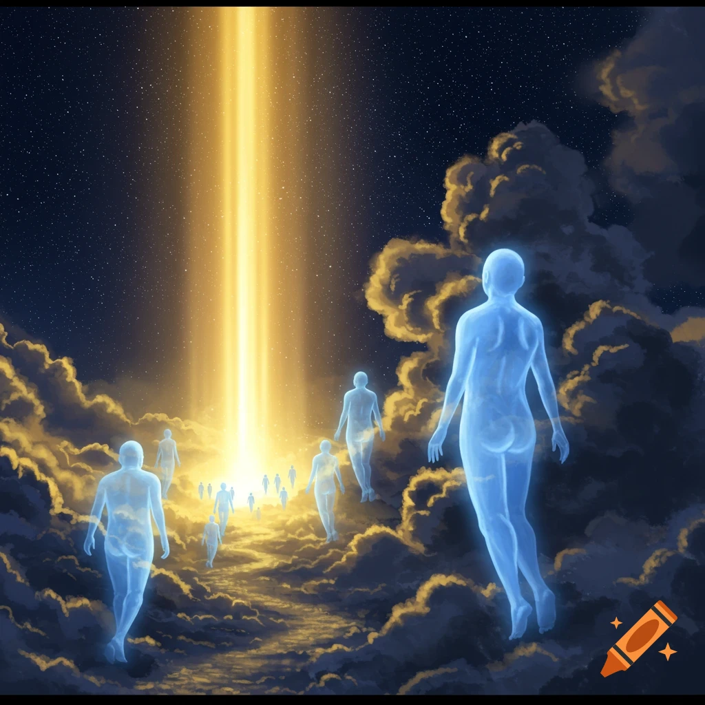 Translucent blue souls ascend through golden clouds towards a bright light beam in a starry night sky, ethereal illustration.
