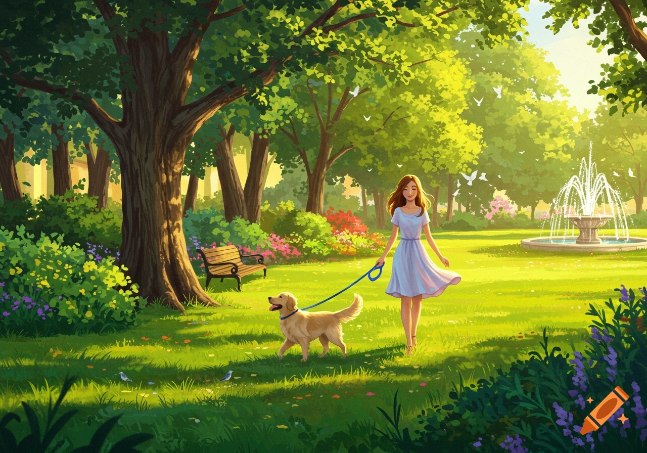 An illustration of a woman walking a golden retriever on a leash through a sunny, lush green park with trees, flowers, and a fountain.