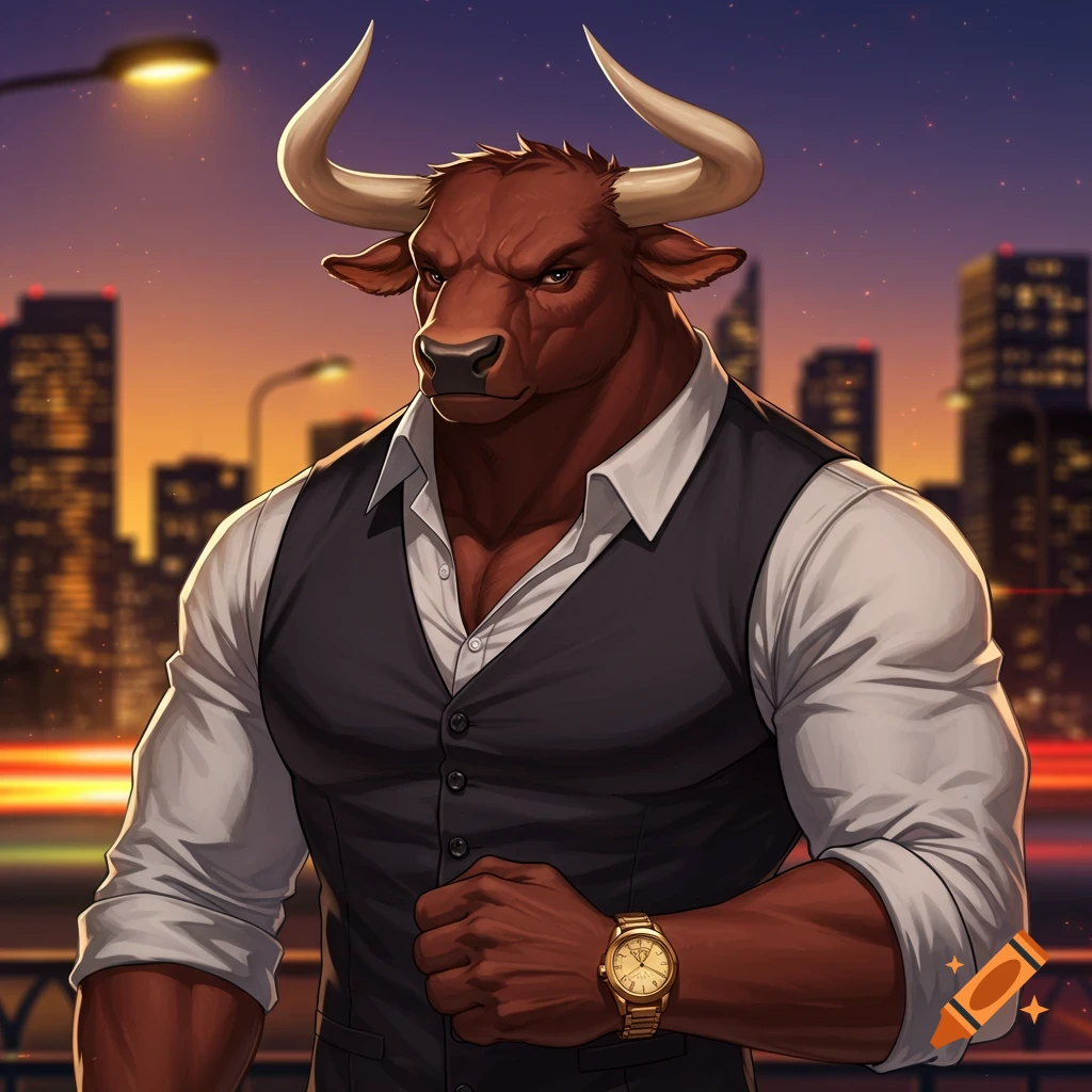 Anime-style anthropomorphic bull in a vest and white shirt, wearing a gold watch, standing in a city at sunset.