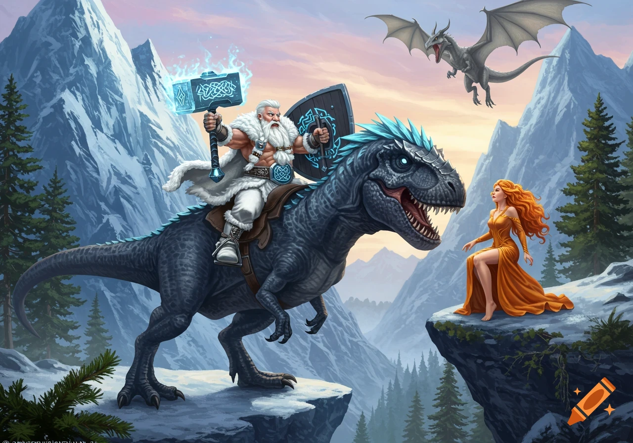 A white-bearded dwarf in white armor rides a blue T-Rex, wielding a glowing hammer and shield, facing an orange-dressed princess on a mountain ledge, with a gray dragon flying overhead, amidst snowy peaks.