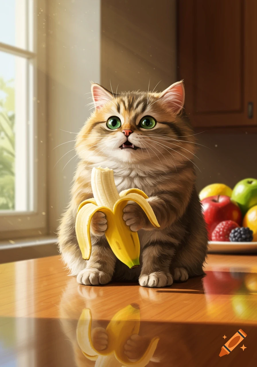 A fluffy tabby cat with big green eyes holds a peeled banana on a shiny wooden table, rendered in a detailed digital illustration.