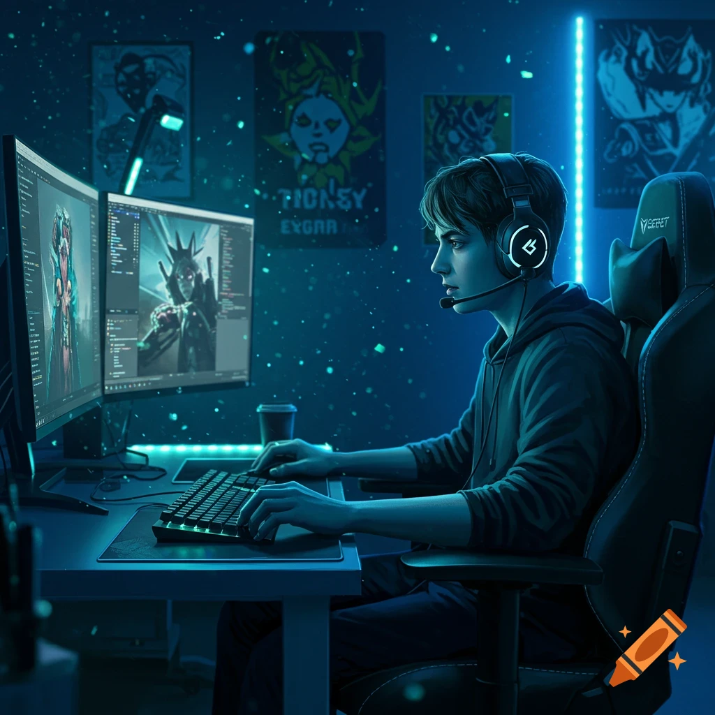 A young boy with a headset plays a video game on a dual monitor setup in a dark, blue-lit room with posters on the wall.