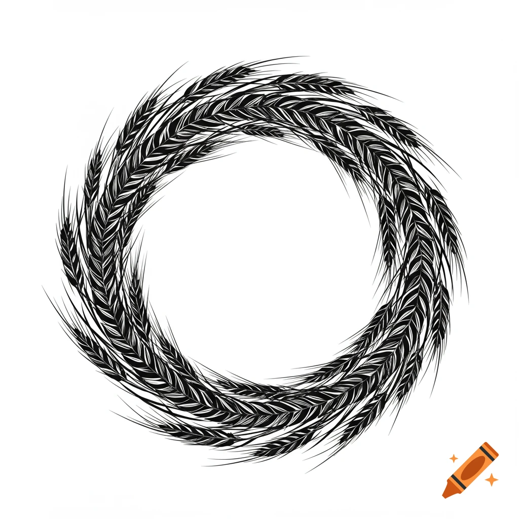 A black and white illustration of stylized wheat ears forming a circular wreath.