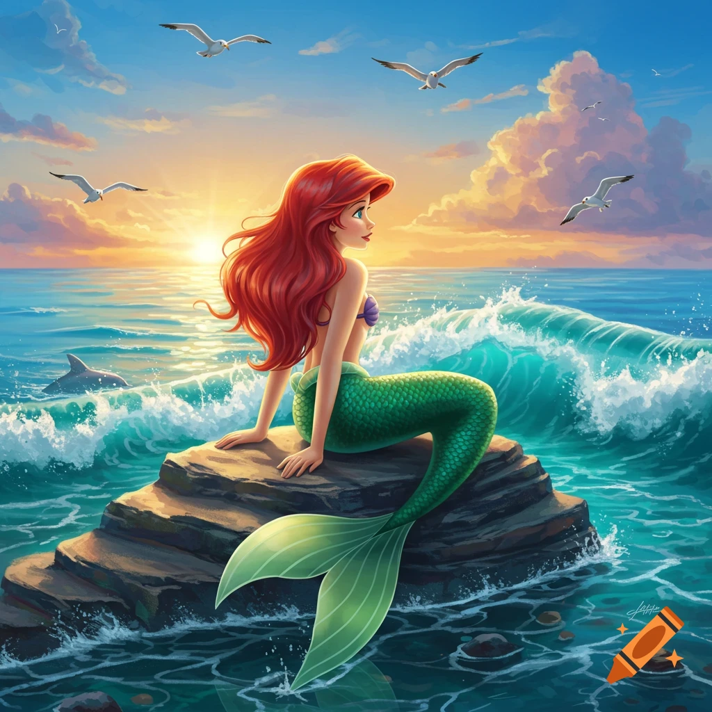 An illustrated Ariel the mermaid with red hair sits on a rock in a vibrant ocean at sunset, with waves and seagulls.