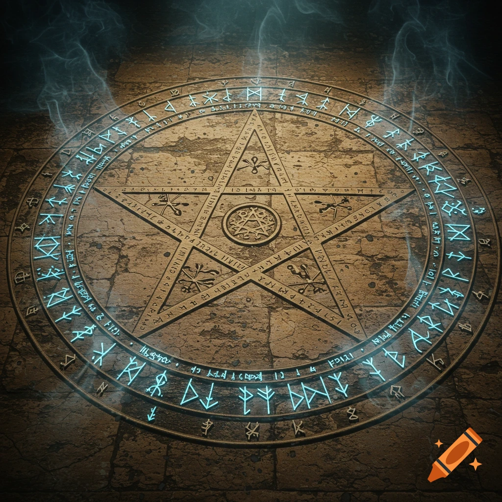 A glowing blue pentagram on a textured stone floor, encircled by rings of glowing runes and mysterious symbols, with wisps of smoke.
