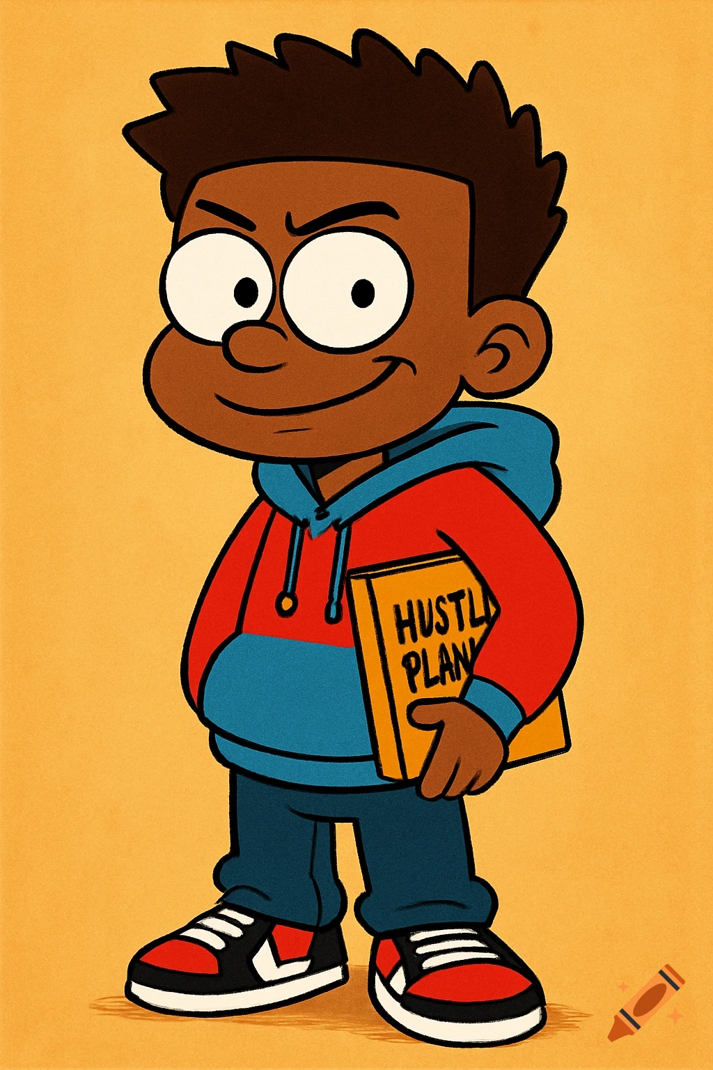 Cartoon of a confident young Black male in a hoodie and sneakers, holding a notebook labeled 'Hustle Plans'.