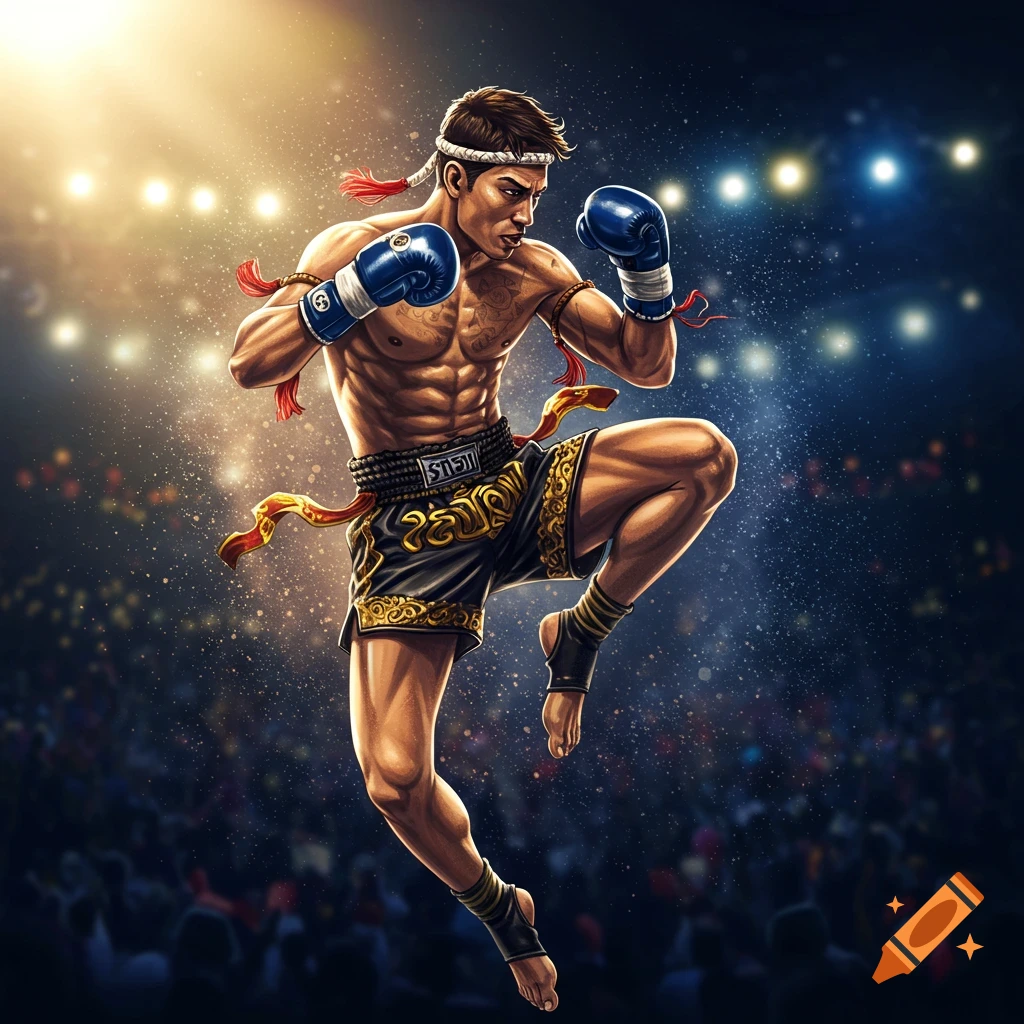 A muscular Muay Thai fighter in an action pose, wearing traditional attire and blue boxing gloves, in a spotlighted arena.